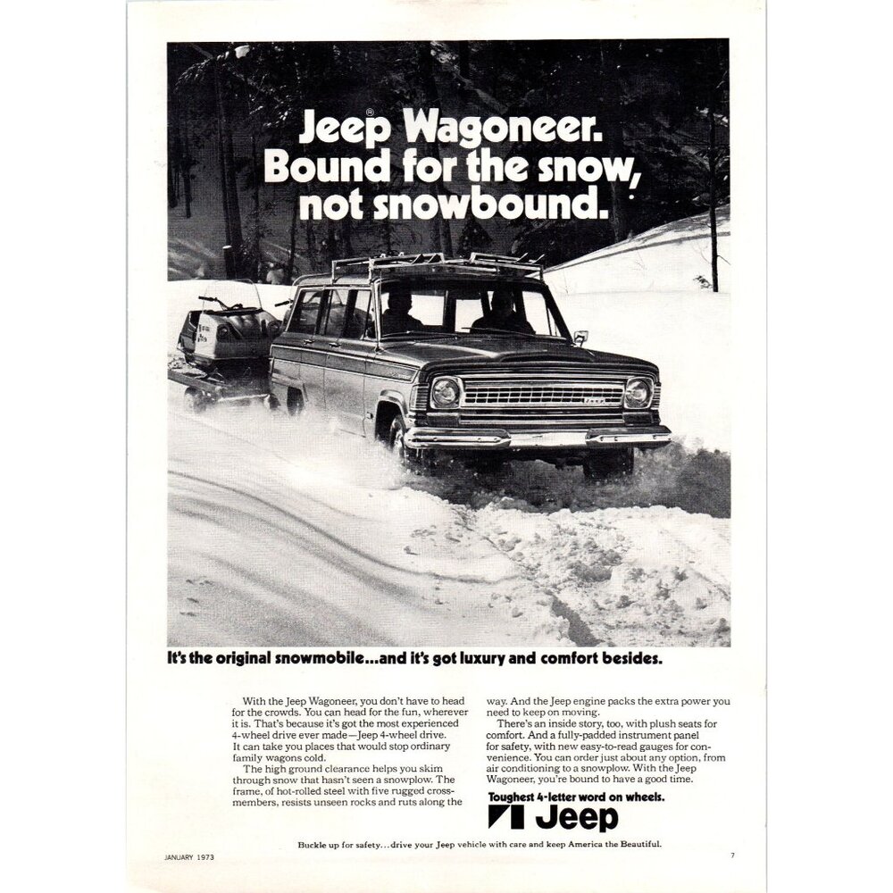 1973 Jeep Wagoneer SUVBound for Snow Snowmobiles Vintage Print Ad 70s Wall Art